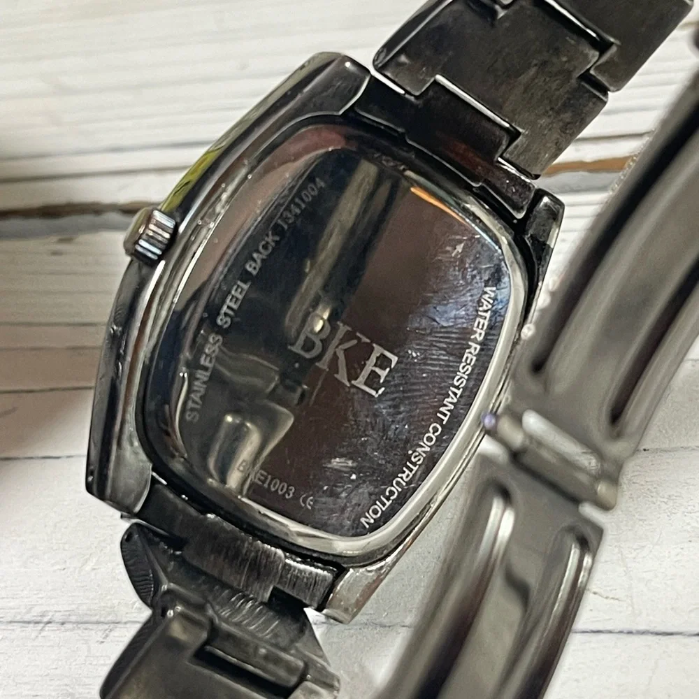 *NEW BATTERY* BKE watch fleur-de-lis Lily Saints Rhinestone Gunmetal Black Steel